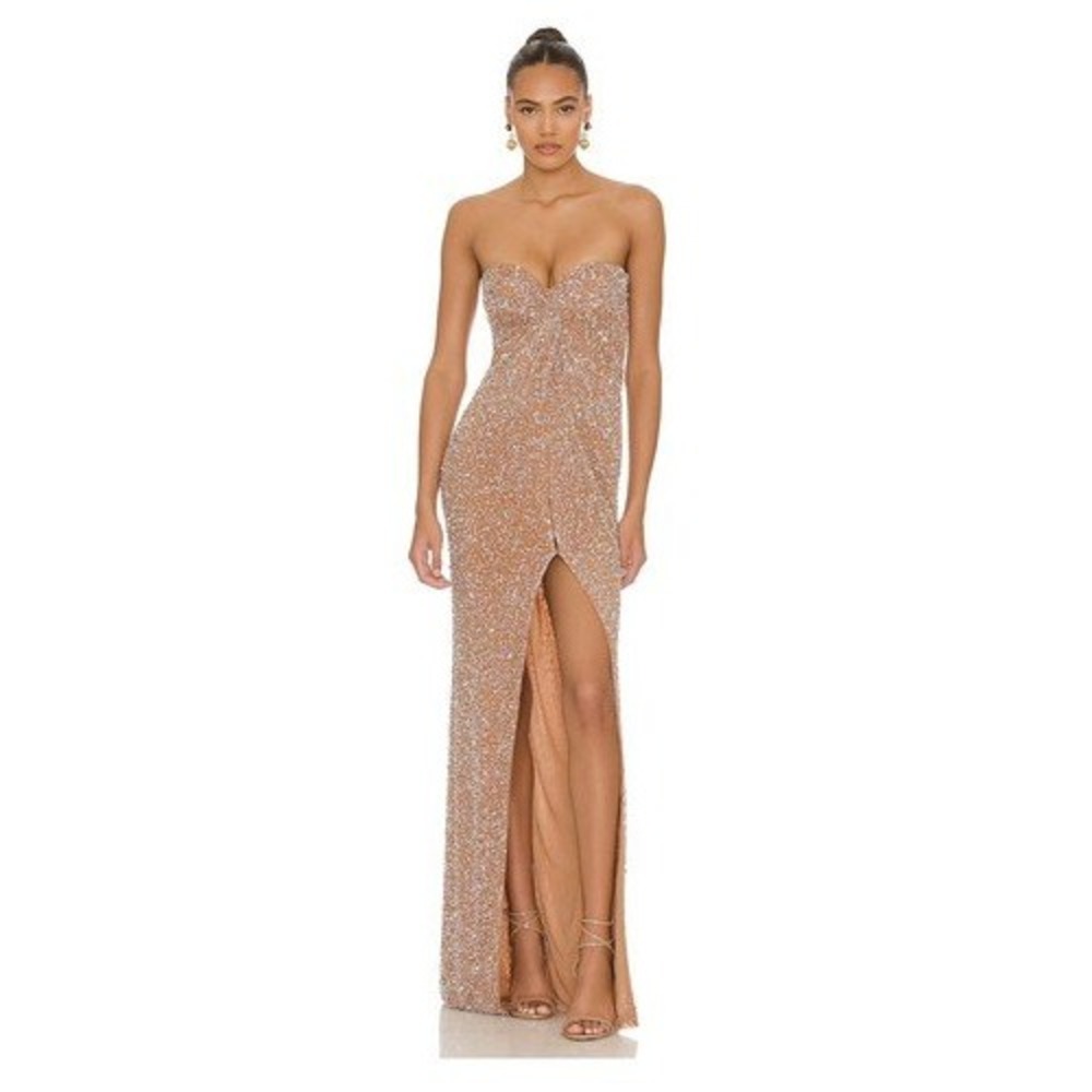 NWT Retrofete Evie Sequin Dress Strapless Maxi Silver Nude Evening Gown M